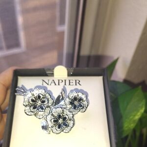 Napier Silver and Black Floral Brooch